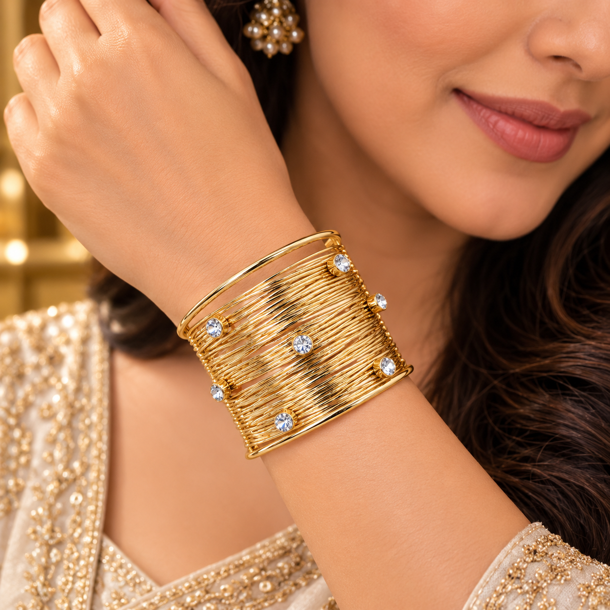 Golden Wire-Wrap Crystal Statement Cuff Bracelet